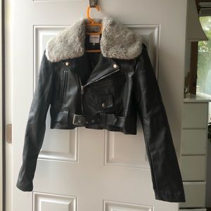 Cropped Leather Removable Fur Trim Moto Jacket